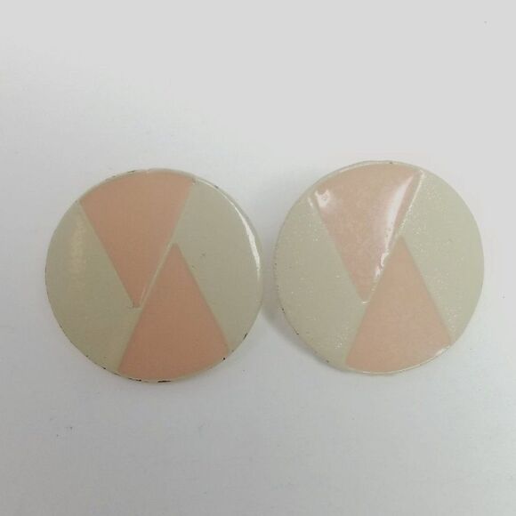 Vintage Cream and Pastel Pink Round Stud Earrings, Enamel 80s style - Picture 1 of 6